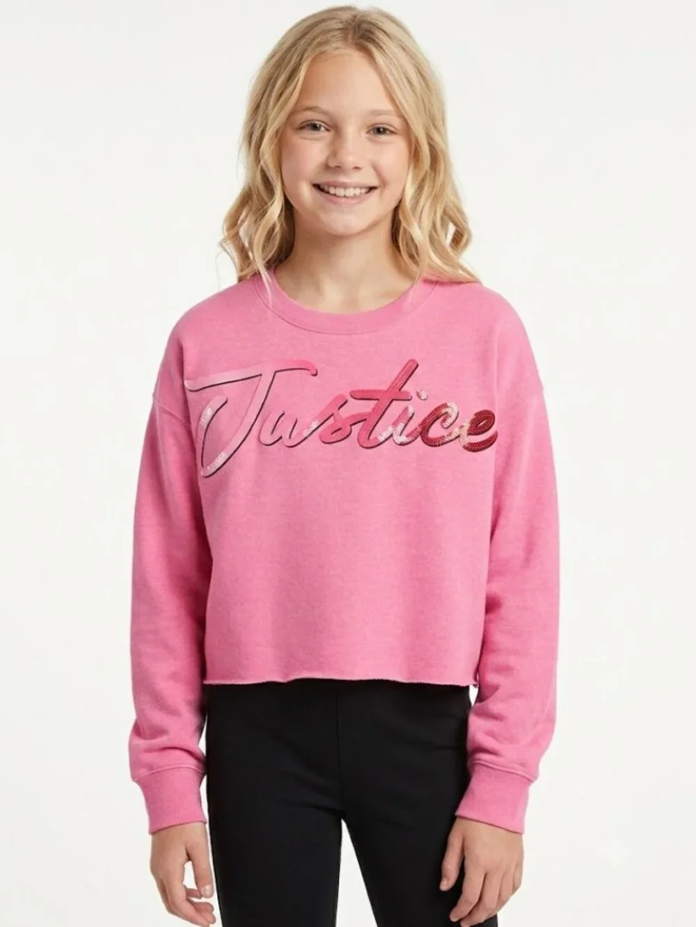 Justice Girls Cropped Sweatshirt Pink Medium –Graphic Logo Ragged Edge Pullover